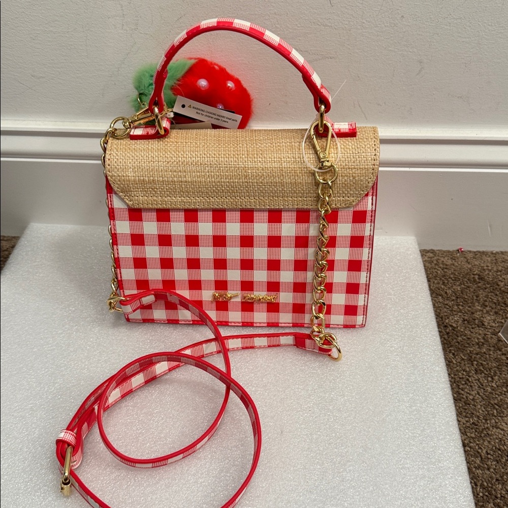 Betsey Johnson strawberry checkered mini crossbody shoulder bag purse NWT - Picture 2 of 9